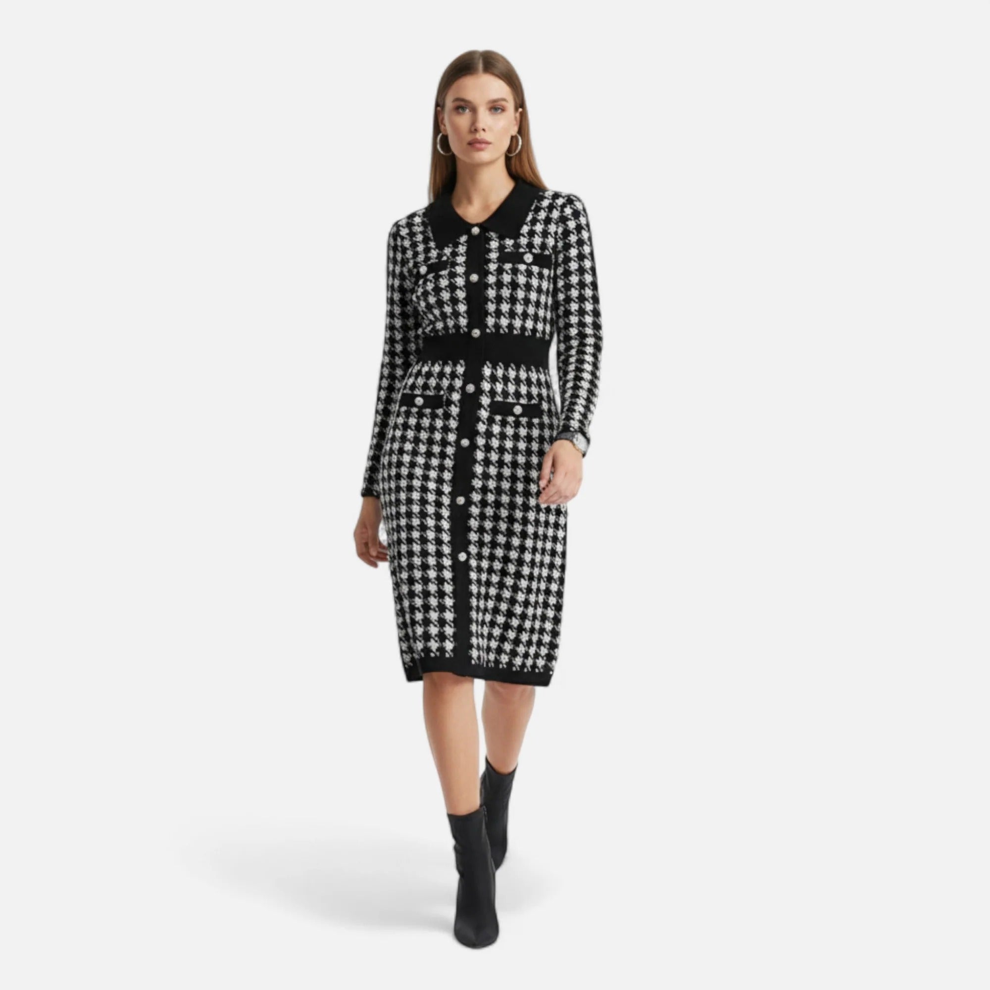 Elowen™ | Women’s Pencil Sheath Dress in Black & White Houndstooth